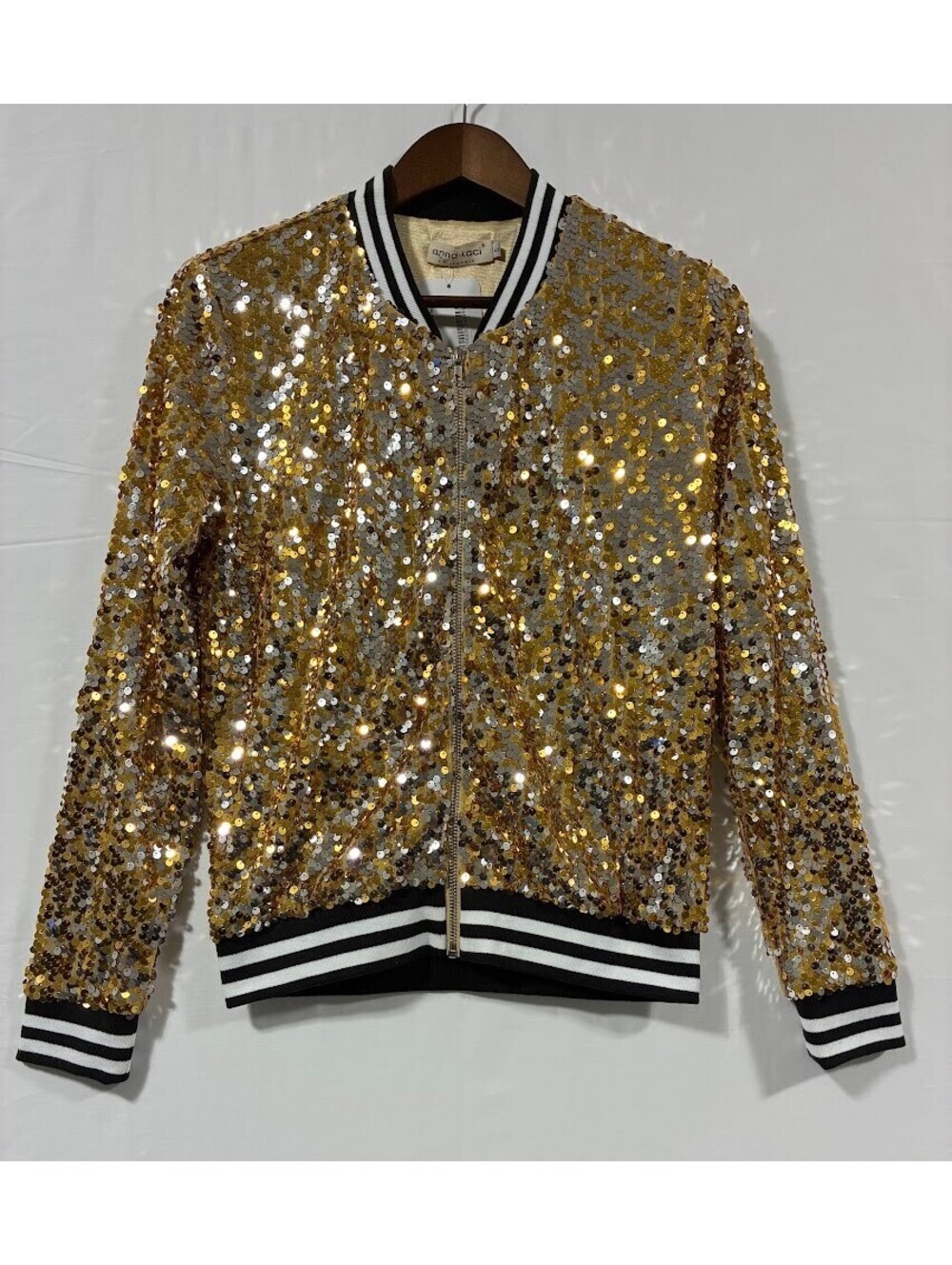 anna-kaci Women's Gold and Silver Sequin Bomber Jacket with Striped Ribbed Trim
